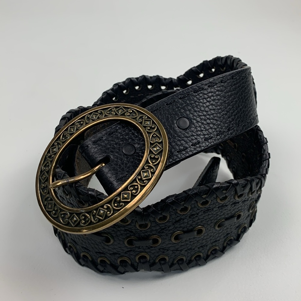 Brighton Wide Black Leather Laced Belt & Gold Buckle Adjustable Size 36 Western